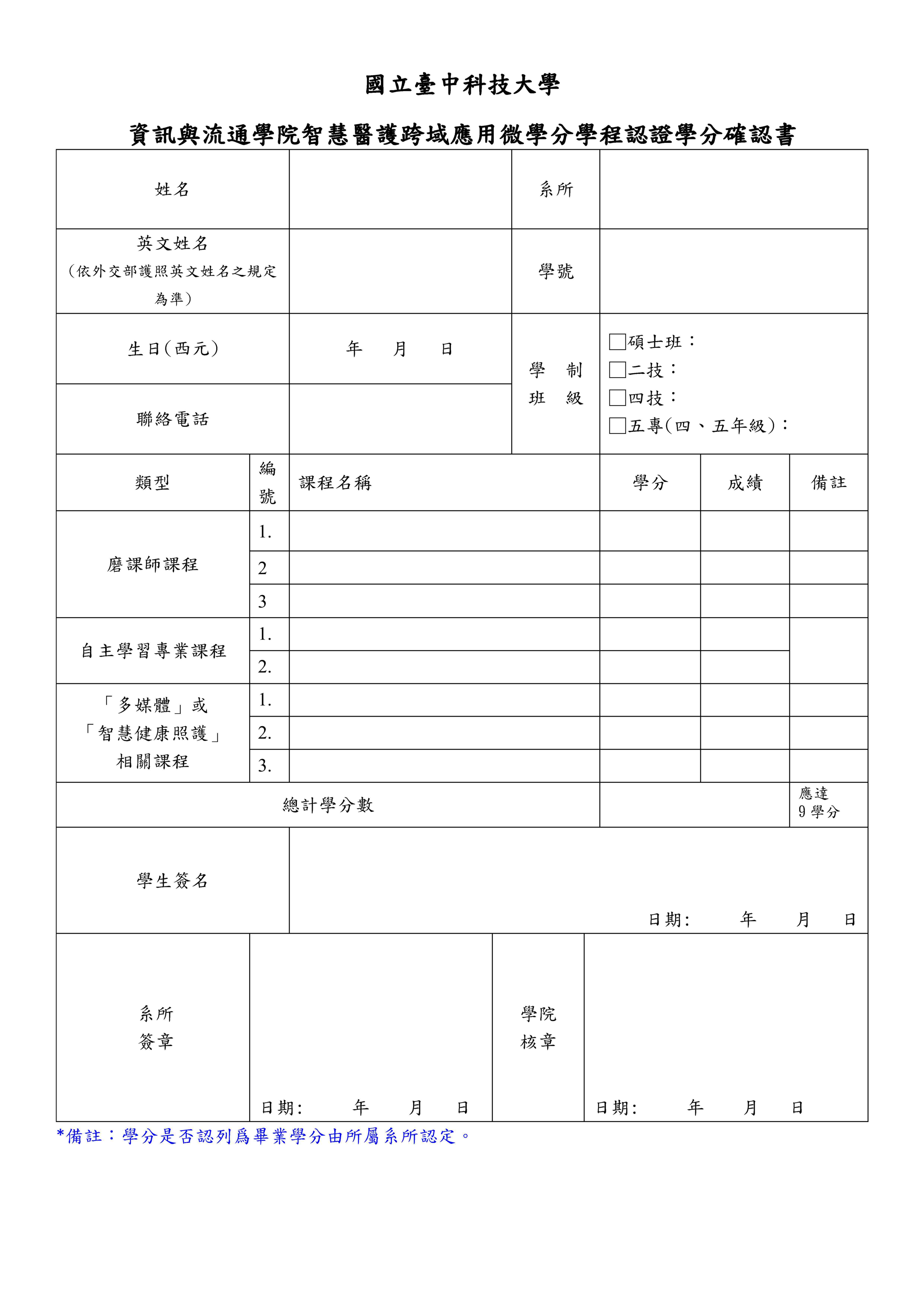 智慧醫護跨域應用微學分學程學分確認書